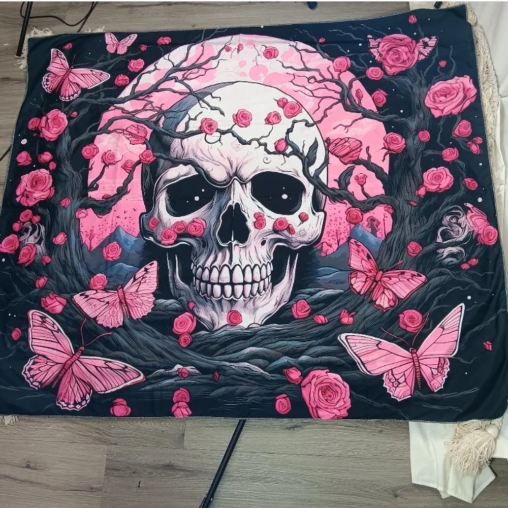 NWOT Pink and Black Floral Butterfly Whimsigoth Skull Tapestry 60